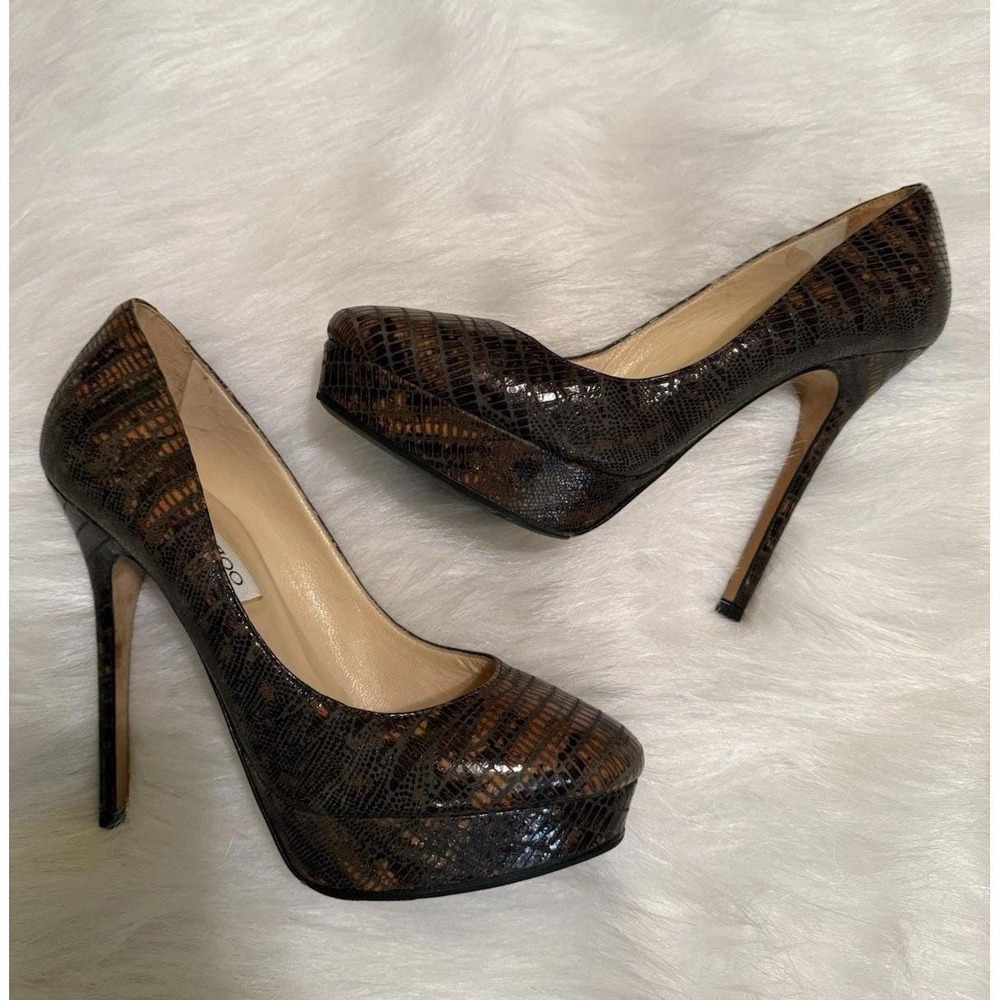 Jimmy Choo Womens Anthracite Lizard Embossed Platform Stiletto Heels Sz 7 Brown
